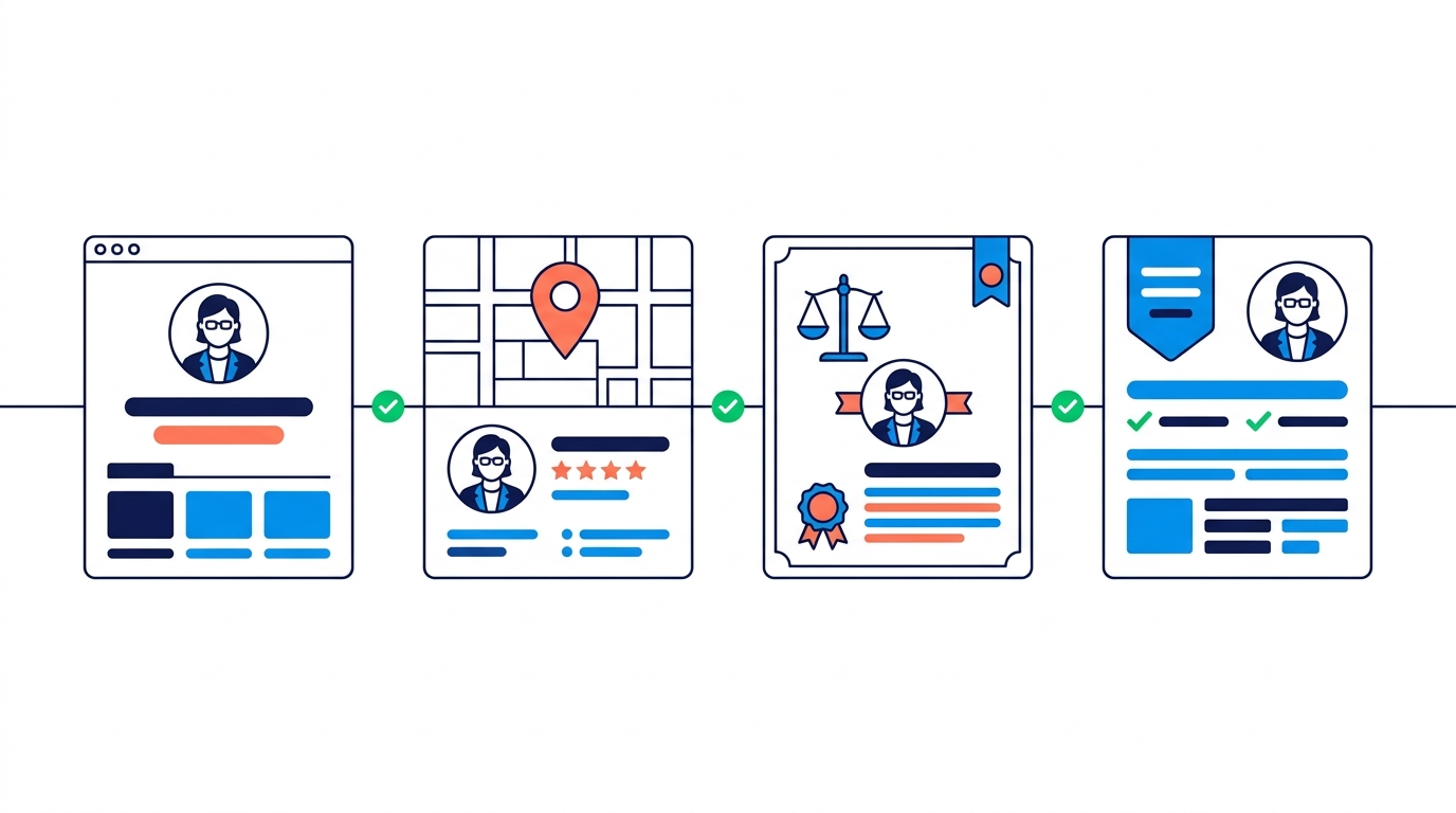 How Clients Use AI to Choose a Lawyer, and What Your Firm's Website Needs 2 Illustration of one attorney's details matching across the firm website, Google Business Profile, bar directory, and legal directories