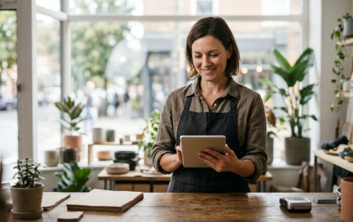 Small business owner behind a shop counter updating her Google Business Profile on a tablet