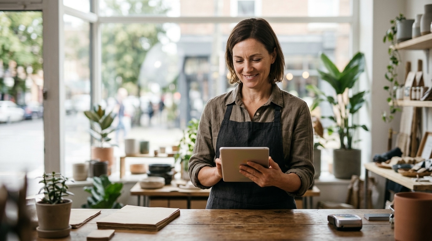 Small business owner behind a shop counter updating her Google Business Profile on a tablet