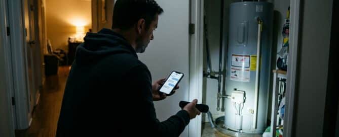 Homeowner at night using a website chat on his phone while checking a leaking water heater with a flashlight
