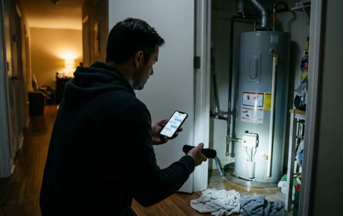 Homeowner at night using a website chat on his phone while checking a leaking water heater with a flashlight