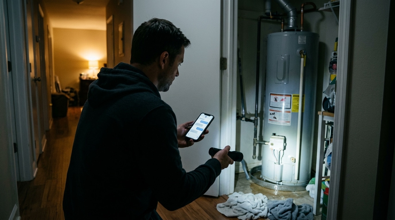 Homeowner at night using a website chat on his phone while checking a leaking water heater with a flashlight