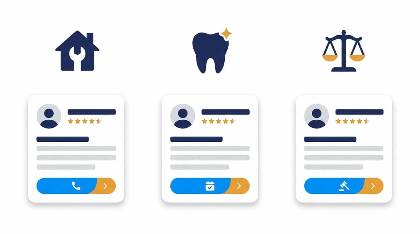 Icons for home services, dental, and law above three Google Business Profile cards with ratings and action buttons