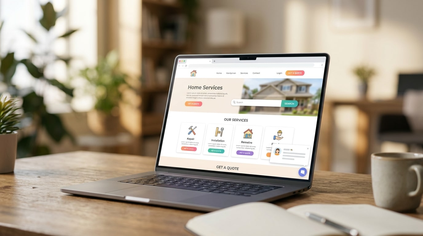 Home services website on a laptop with a chat widget open in the corner