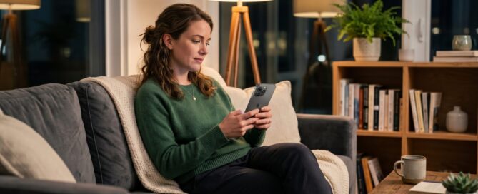 Person on a couch using a phone to ask an AI assistant for a dentist near them