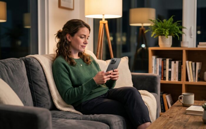 Home 17 Person on a couch using a phone to ask an AI assistant for a dentist near them