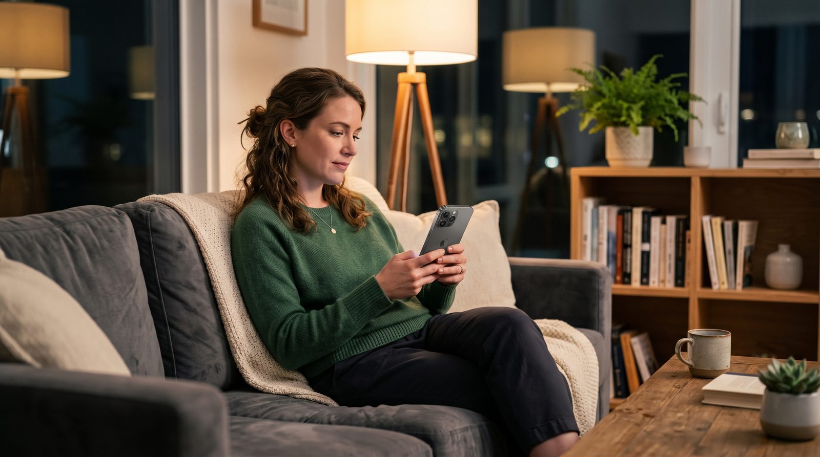 AI search for dentists: patient asking a phone assistant for a dentist Person on a couch using a phone to ask an AI assistant for a dentist near them