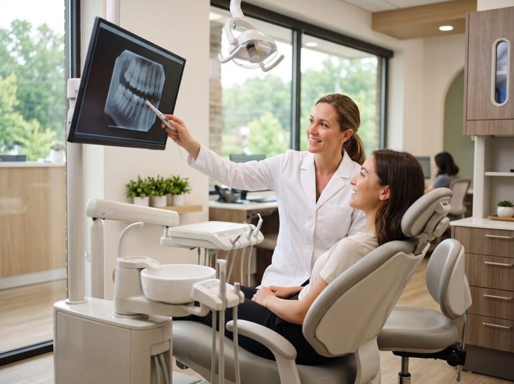 AI Search for Dentists: How to Get Recommended by ChatGPT, Gemini, and Google AI Overviews 3 Dentist explaining a treatment plan to a relaxed patient in a modern dental office